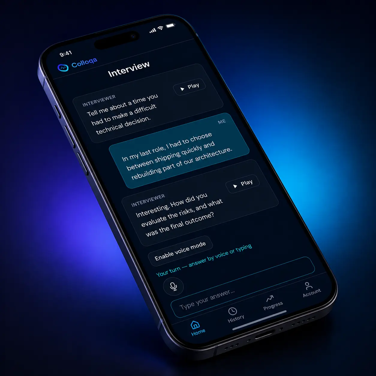 Colloqa app showing an AI interview session with follow-up questions and voice input